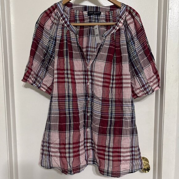Lane Bryant Puff Sleeve Button Down Blouse Plus Size 20 Pink Plaid Sheer New - Picture 2 of 14